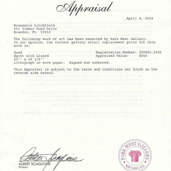 "Egret with Lizard" by Goad Lithograph - Picture 6 of 9